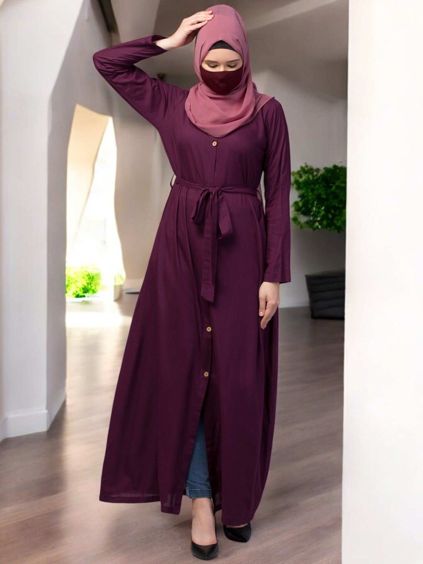 Elegant Front Open Abaya Dress with Wooden Button