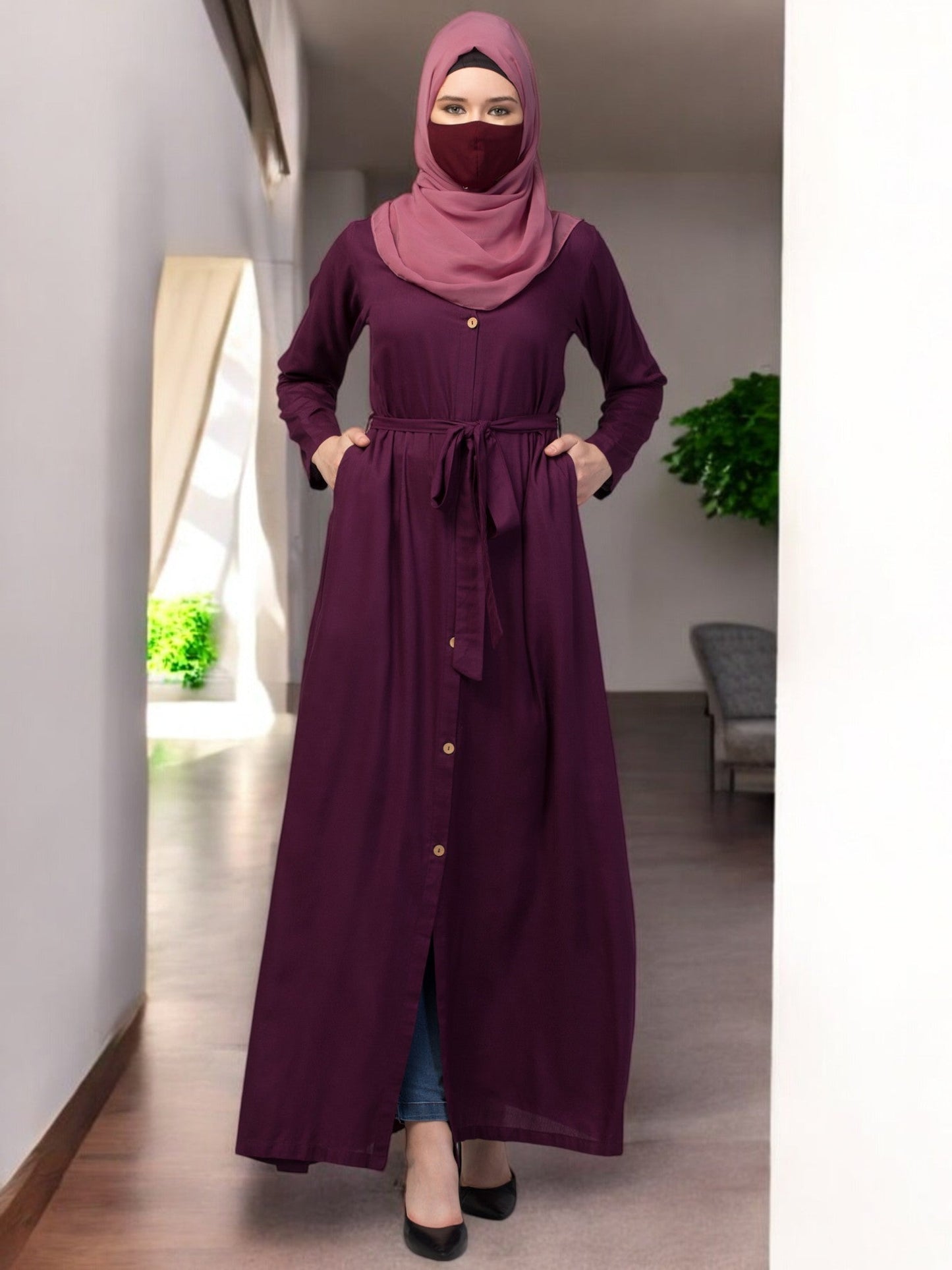 Elegant Front Open Abaya Dress with Wooden Button