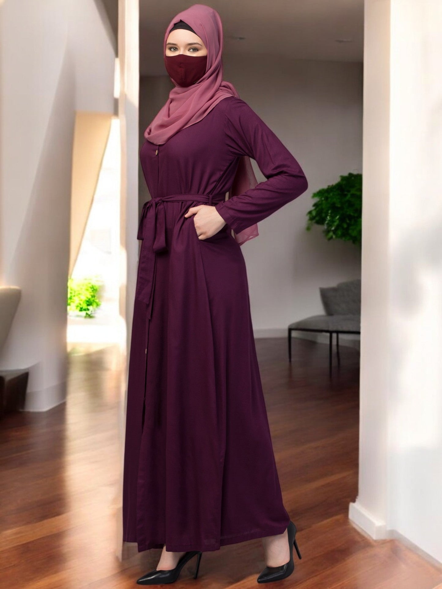 Elegant Front Open Abaya Dress with Wooden Button