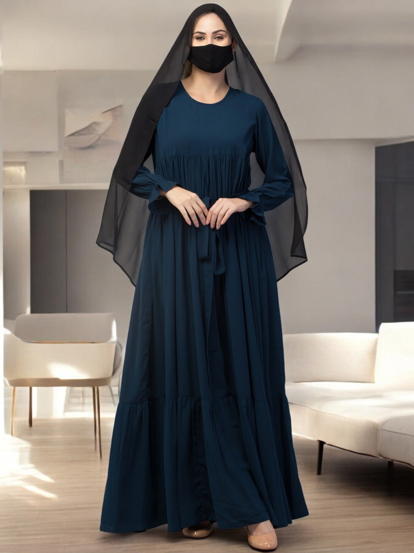 Multi Layered Abaya Dress With Belt & Elasticated Bell Sleeves