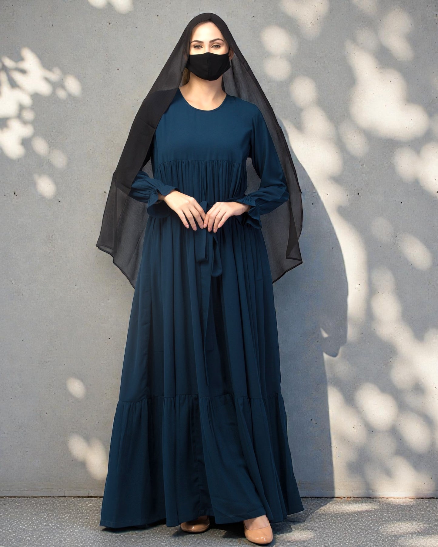 Multi Layered Maxi Dress With Belt & Elasticated Bell Sleeves
