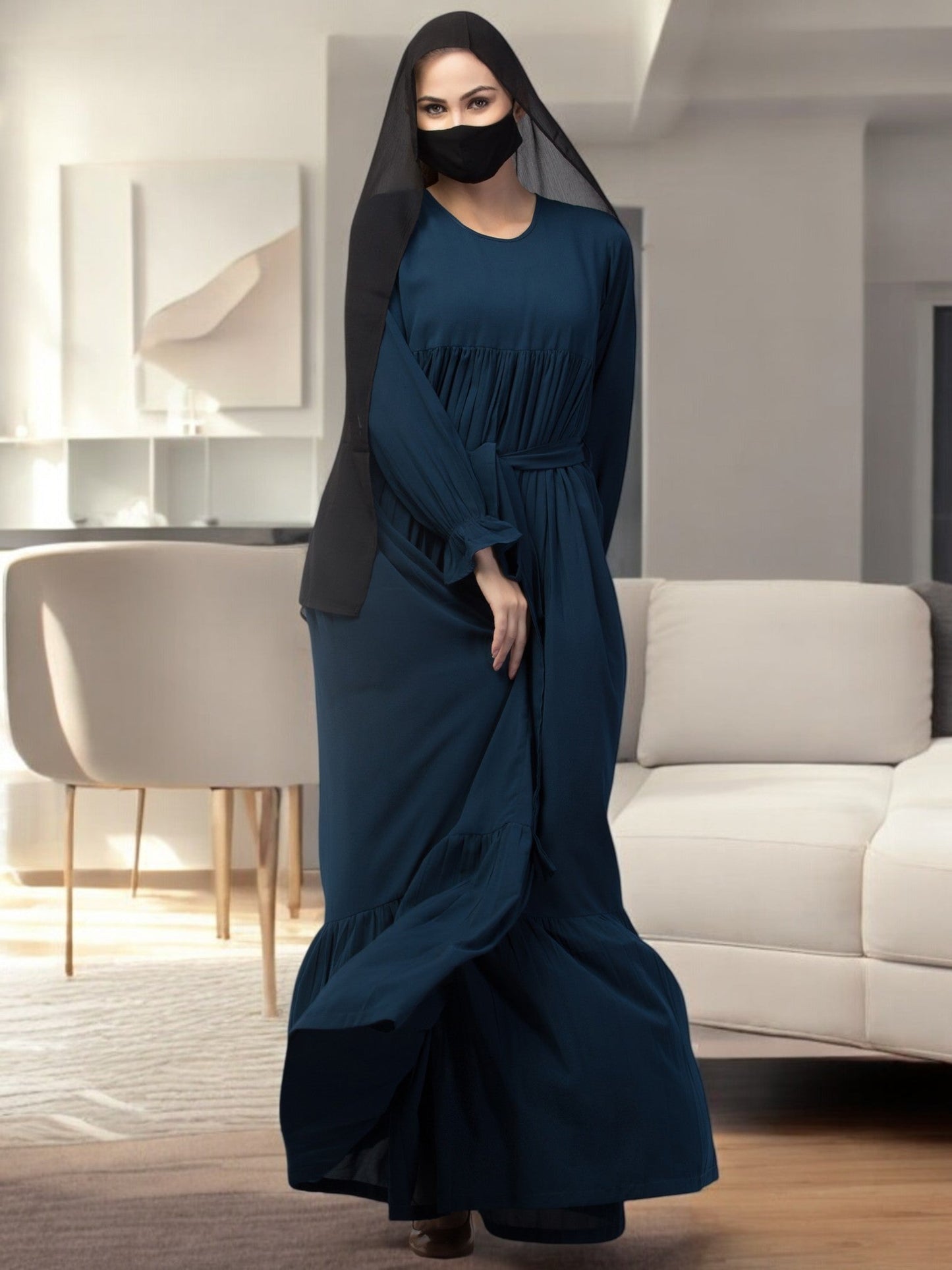 Multi Layered Abaya Dress With Belt & Elasticated Bell Sleeves