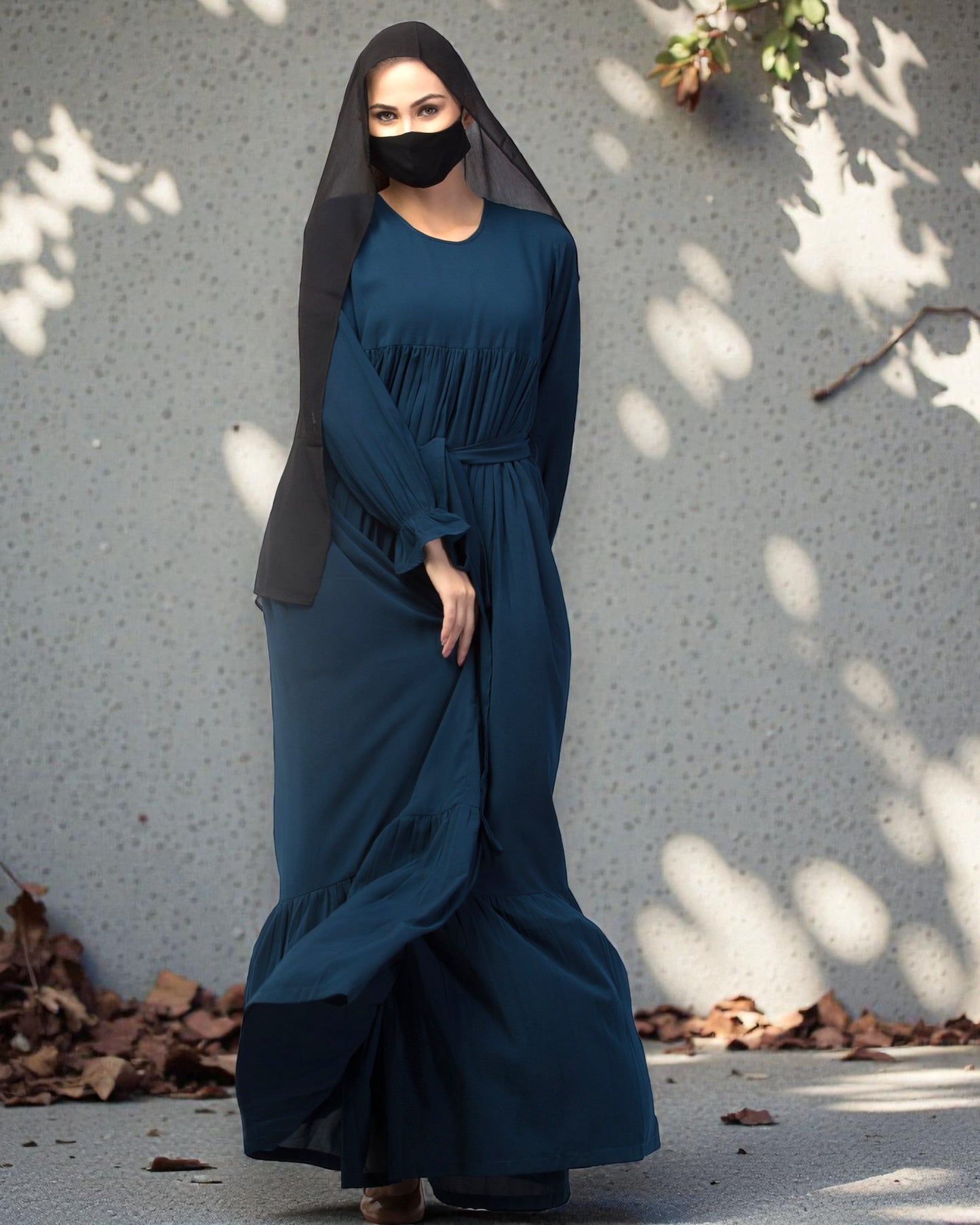 Multi Layered Maxi Dress With Belt & Elasticated Bell Sleeves