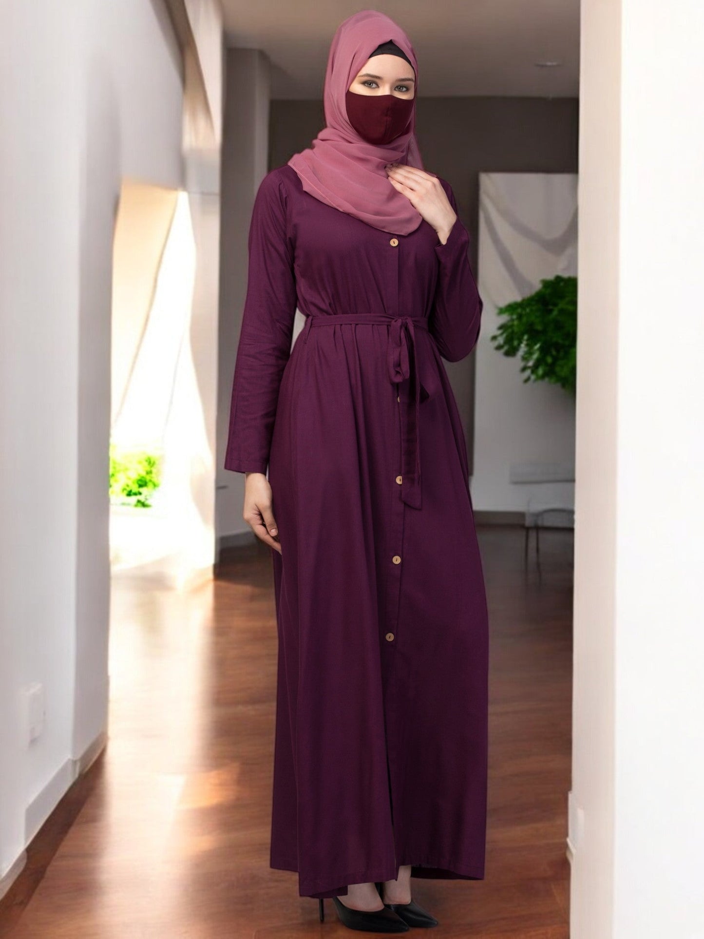 Elegant Front Open Abaya Dress with Wooden Button