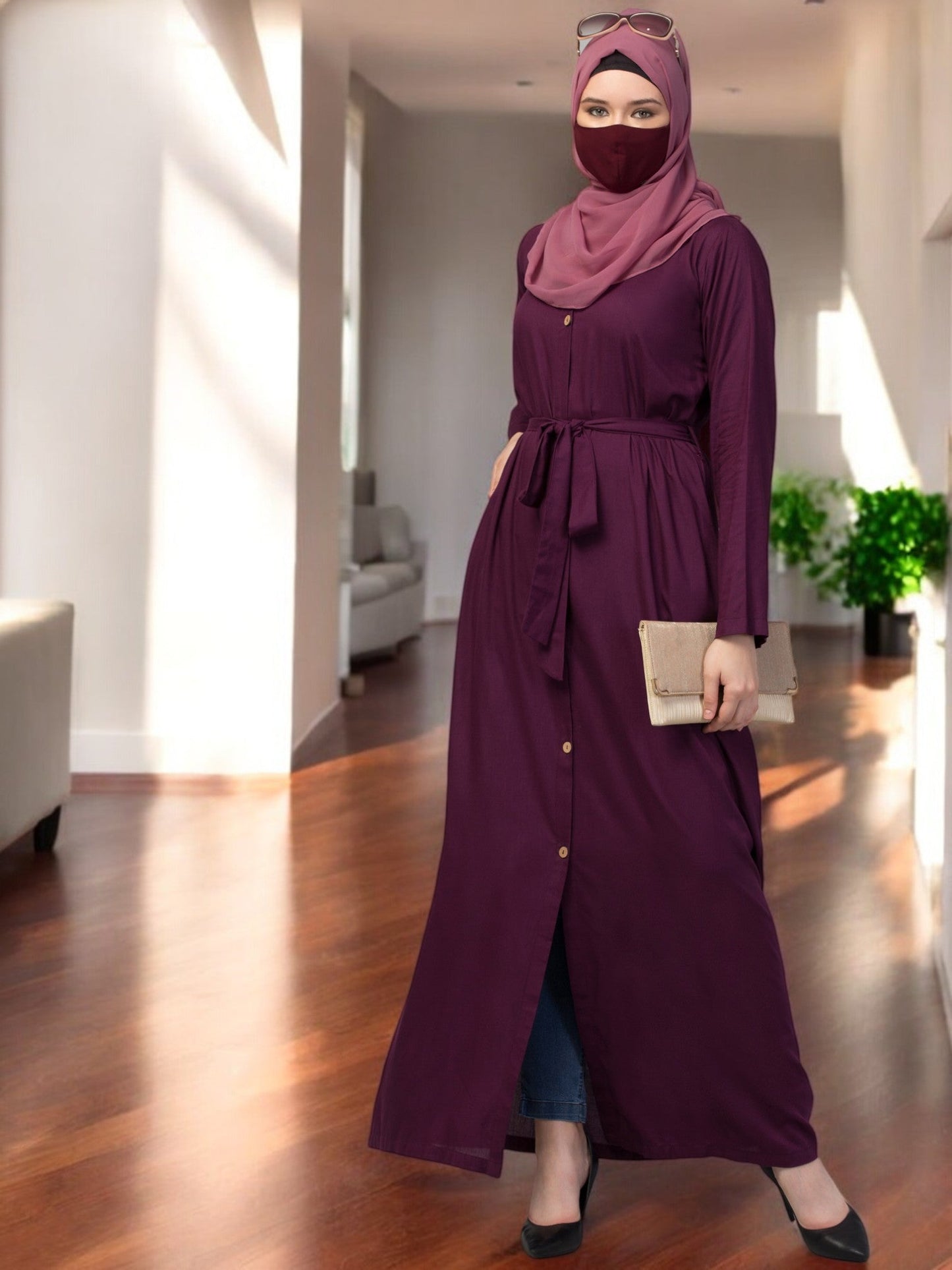 Elegant Front Open Abaya Dress with Wooden Button