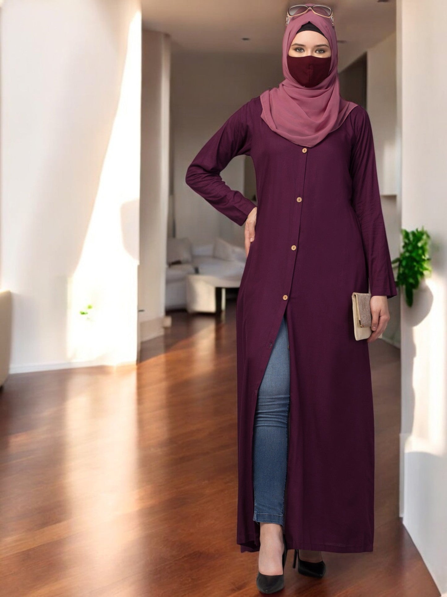 Elegant Front Open Abaya Dress with Wooden Button