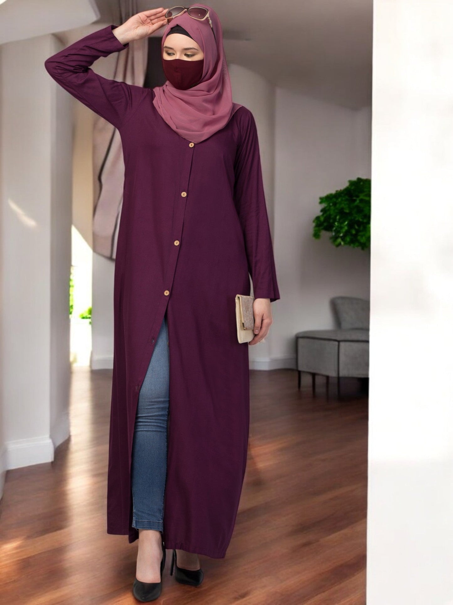 Elegant Front Open Abaya Dress with Wooden Button