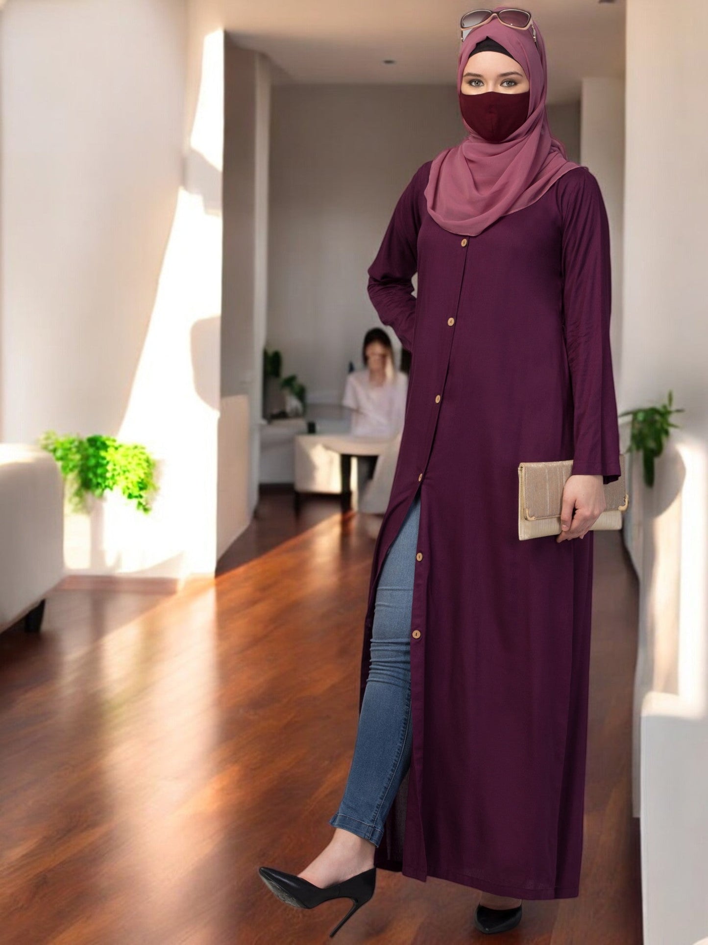 Elegant Front Open Abaya Dress with Wooden Button