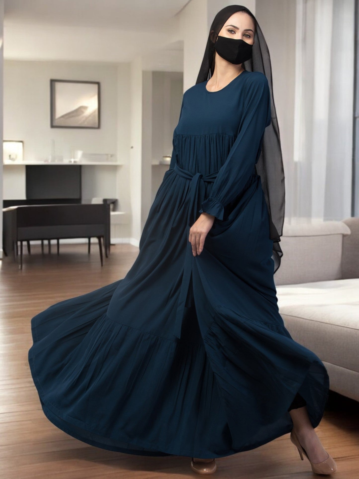 Multi Layered Abaya Dress With Belt & Elasticated Bell Sleeves