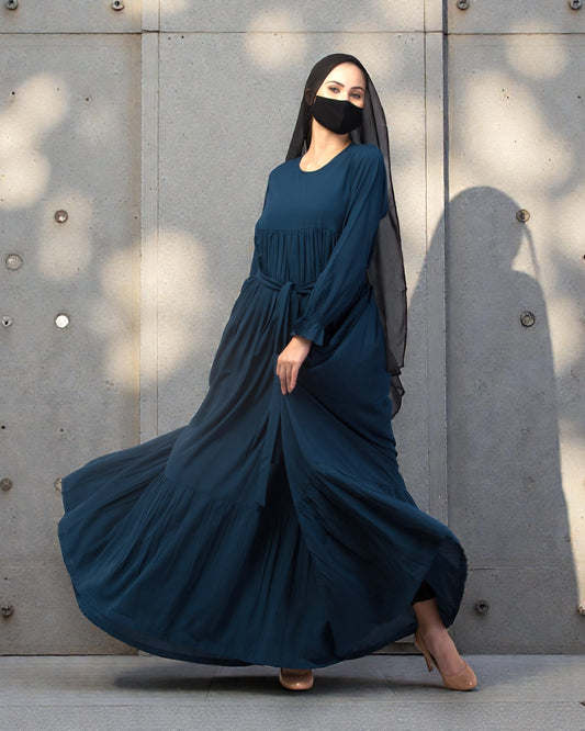 Multi Layered Maxi Dress With Belt & Elasticated Bell Sleeves