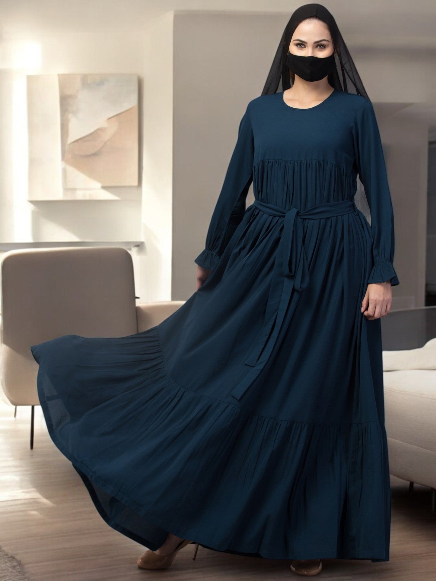 Multi Layered Abaya Dress With Belt & Elasticated Bell Sleeves