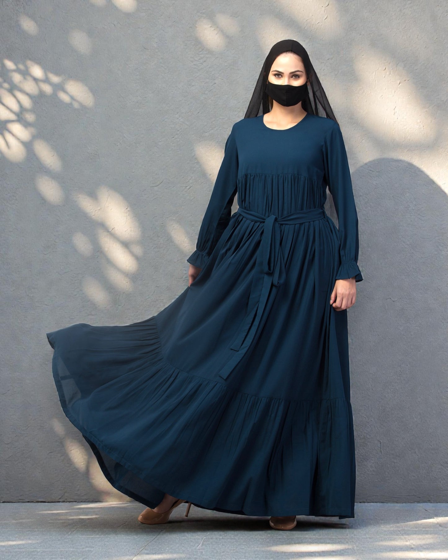 Multi Layered Maxi Dress With Belt & Elasticated Bell Sleeves