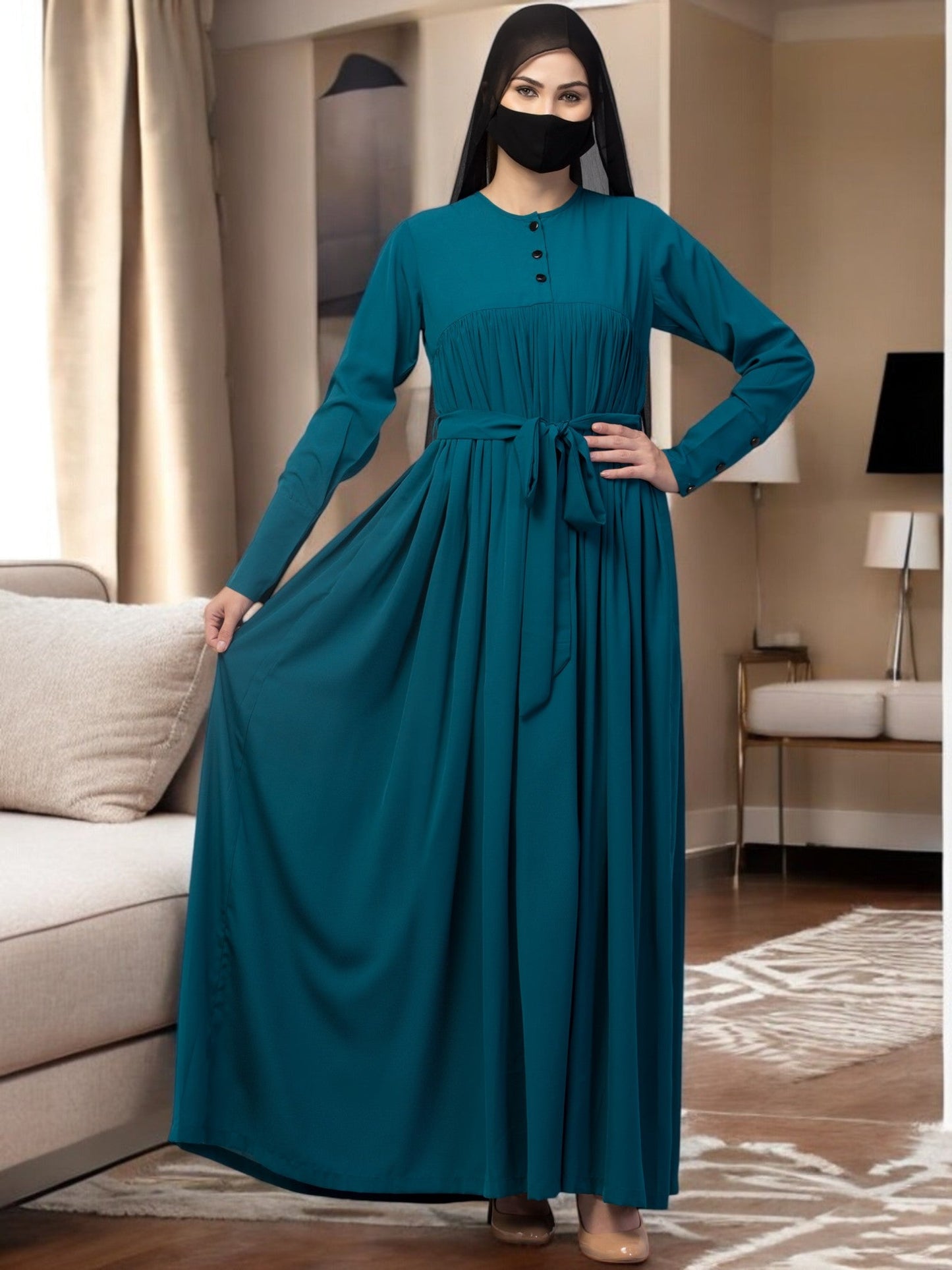 Abaya Dress with Buttons on Yoke and Sleeves-Falls loose From Chest.