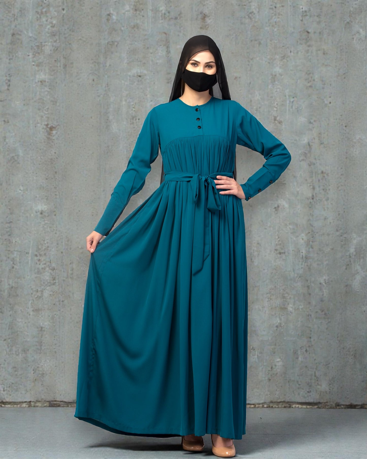 Maxi Dress with Buttons on Yoke and Sleeves-Falls loose From Chest.