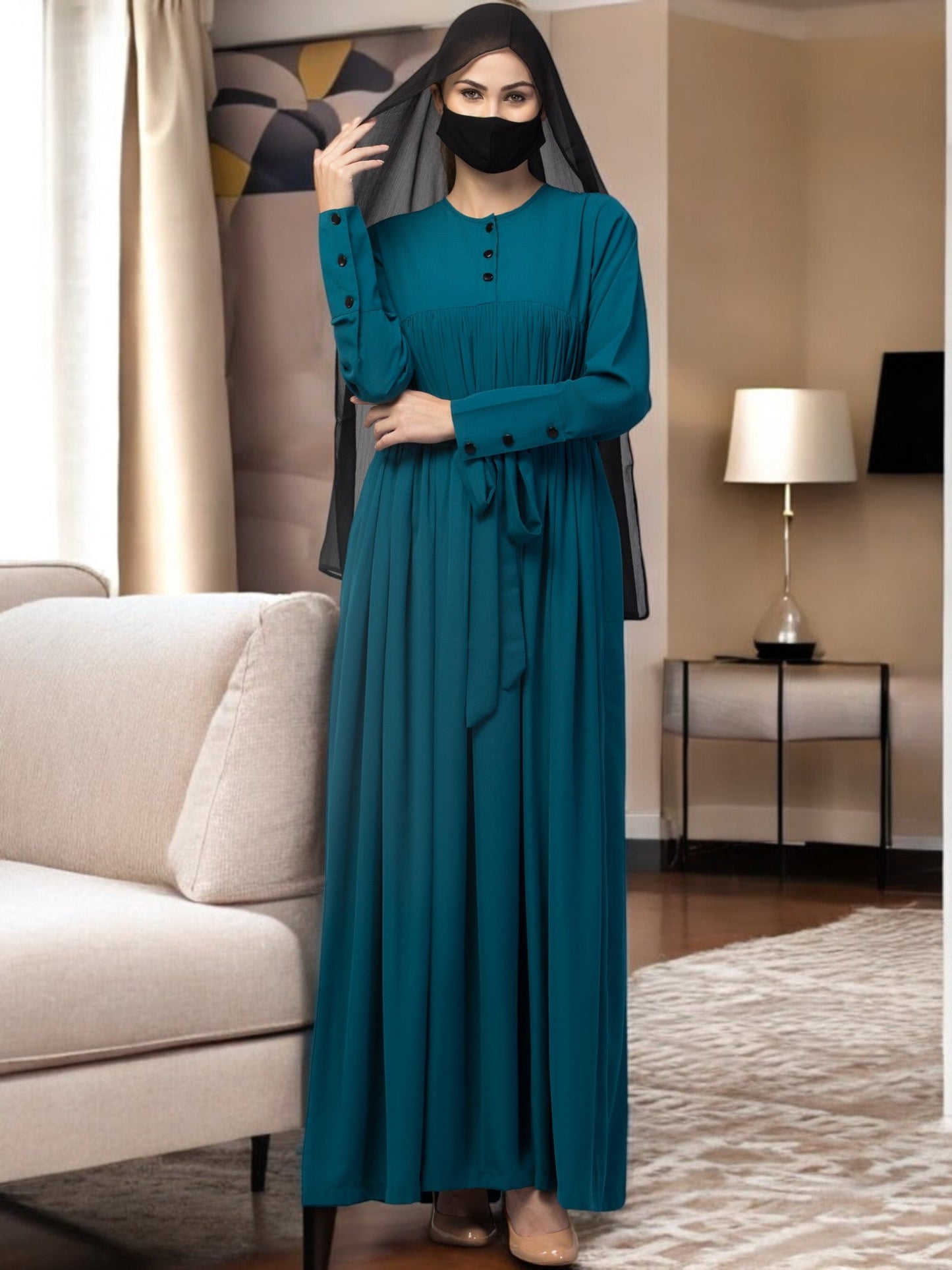 Abaya Dress with Buttons on Yoke and Sleeves-Falls loose From Chest.