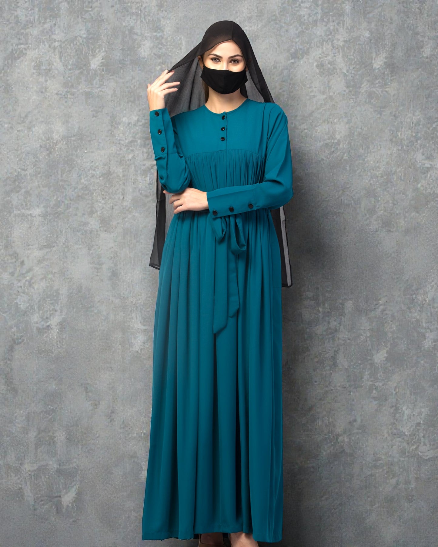 Maxi Dress with Buttons on Yoke and Sleeves-Falls loose From Chest.