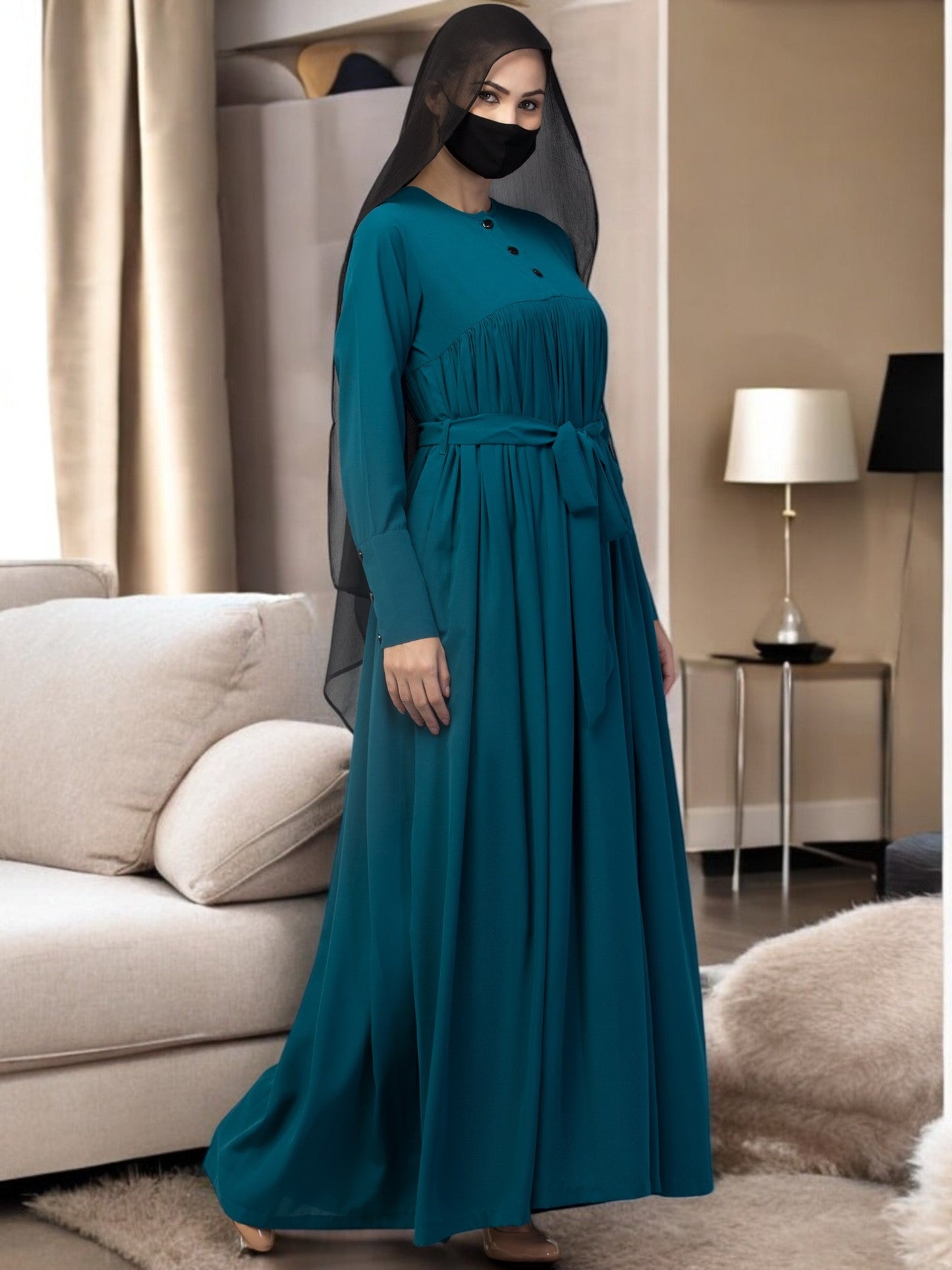 Abaya Dress with Buttons on Yoke and Sleeves-Falls loose From Chest.