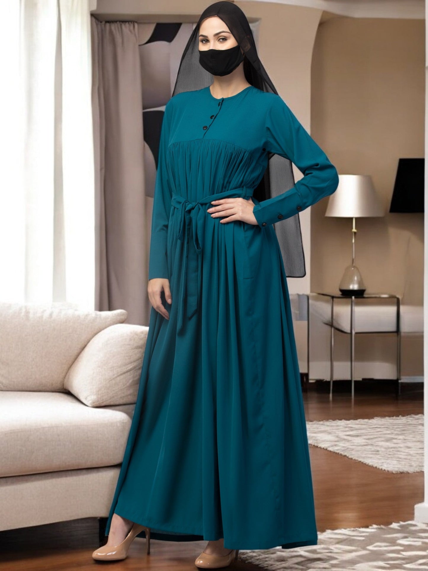 Abaya Dress with Buttons on Yoke and Sleeves-Falls loose From Chest.