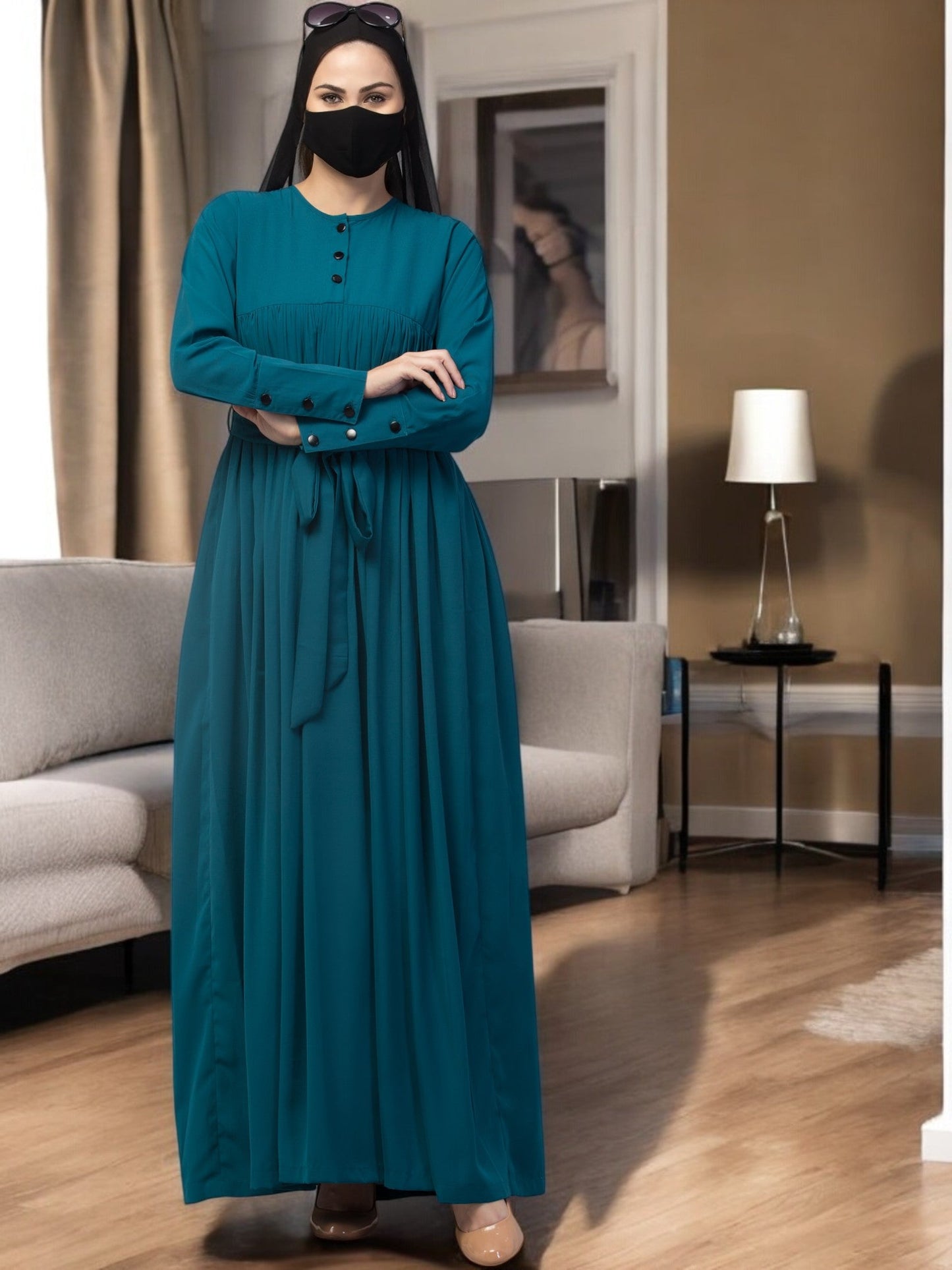 Abaya Dress with Buttons on Yoke and Sleeves-Falls loose From Chest.