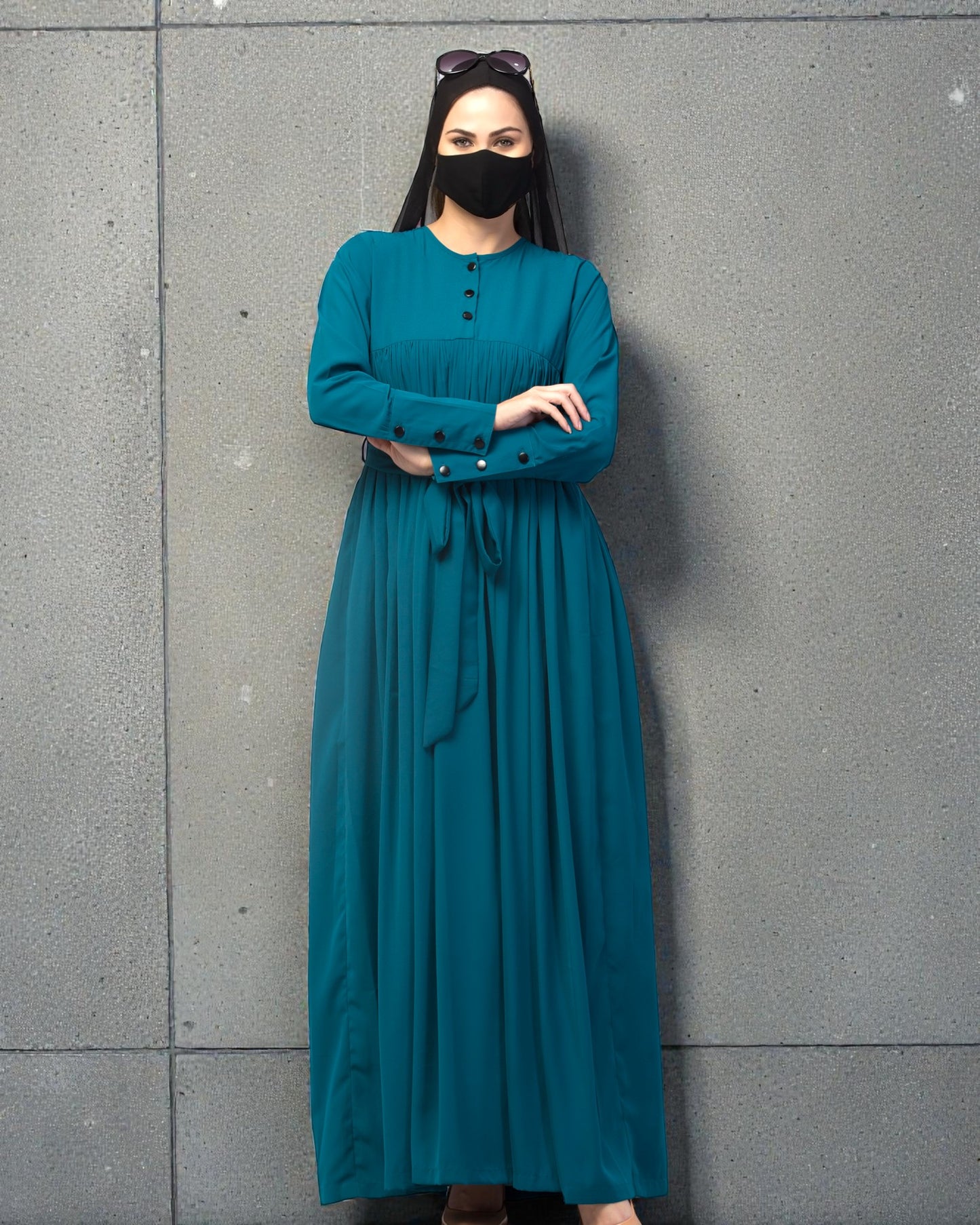Maxi Dress with Buttons on Yoke and Sleeves-Falls loose From Chest.