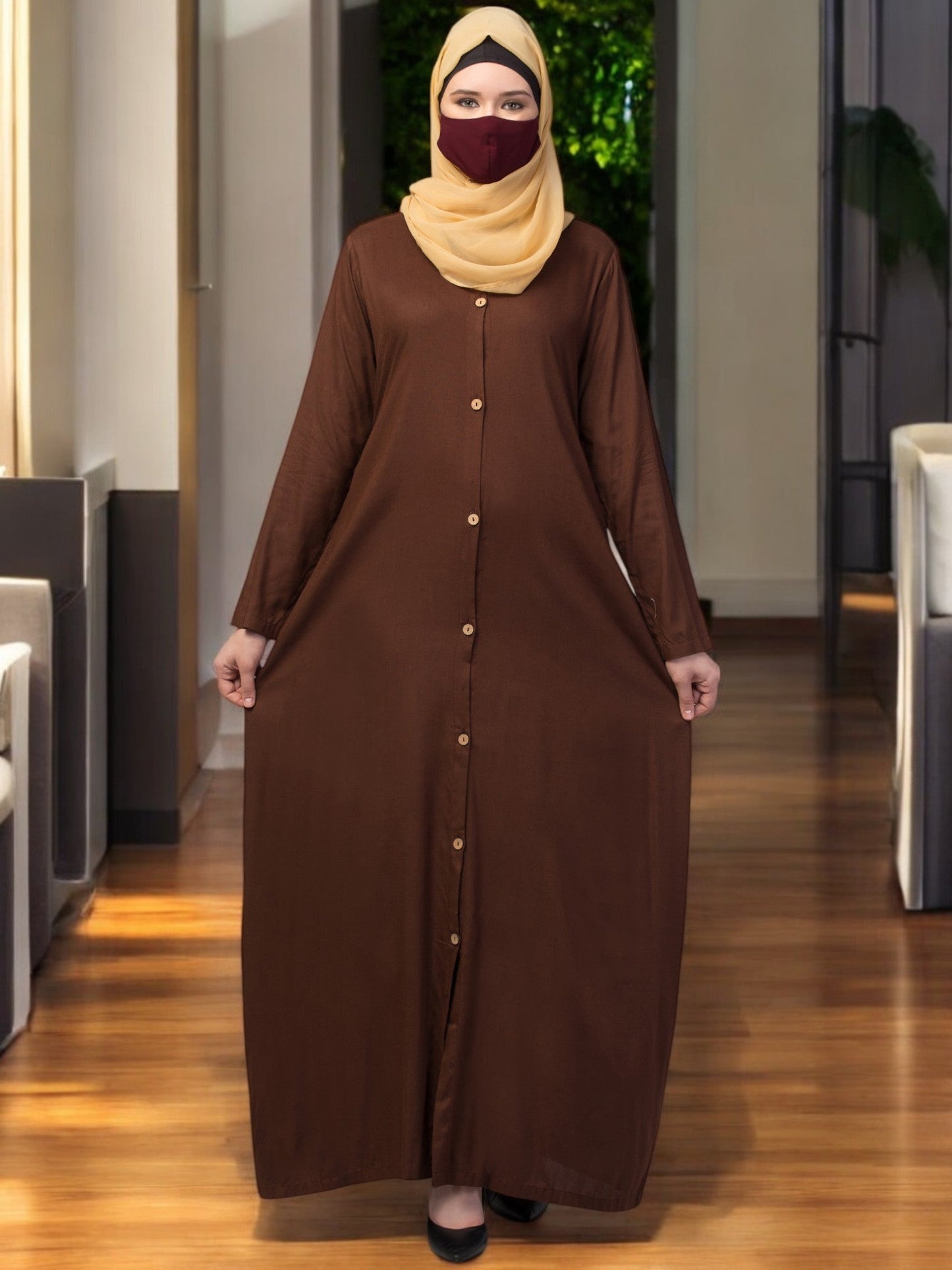 Elegant Front Open Abaya Dress with Wooden Button