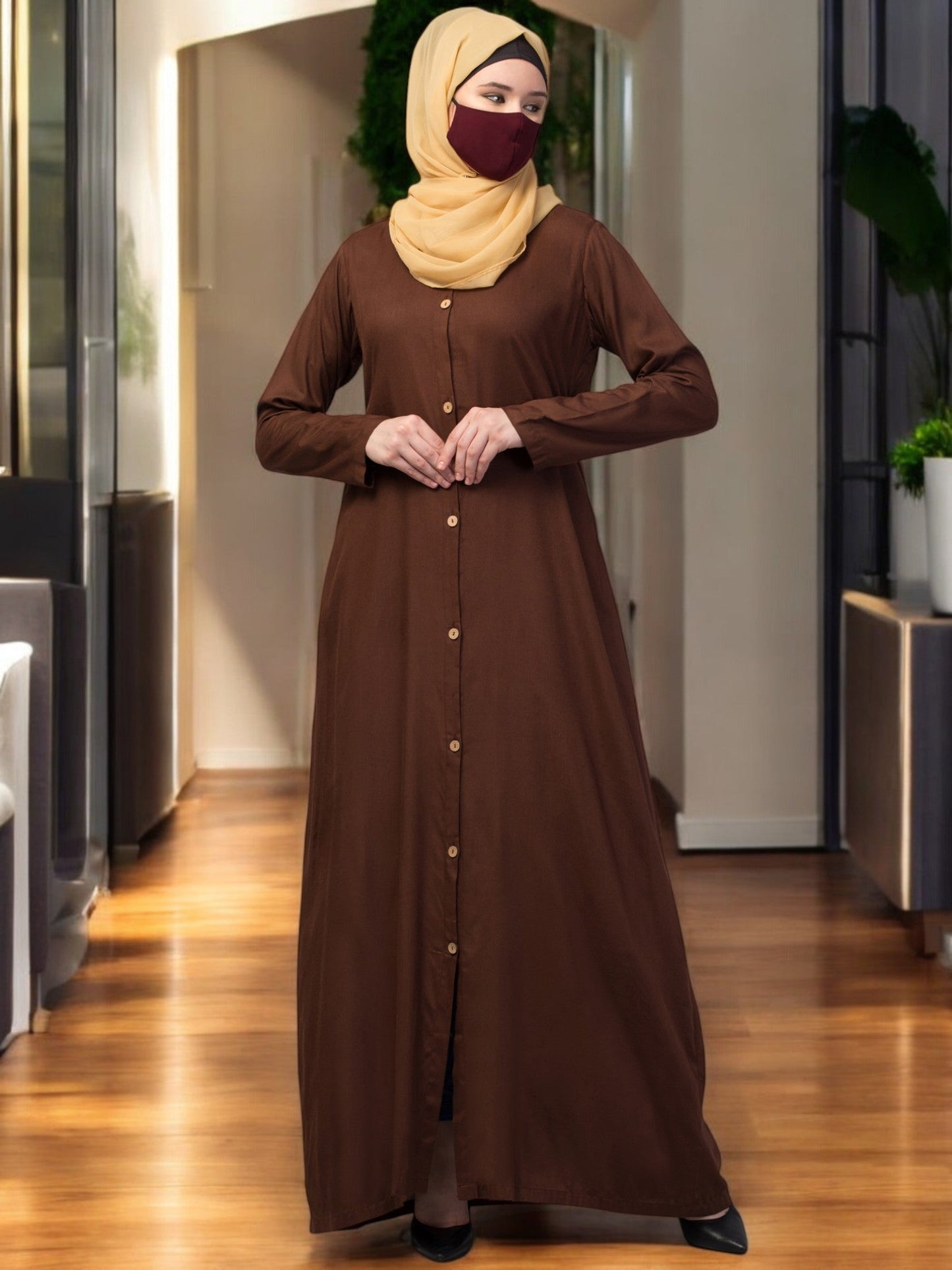 Elegant Front Open Abaya Dress with Wooden Button