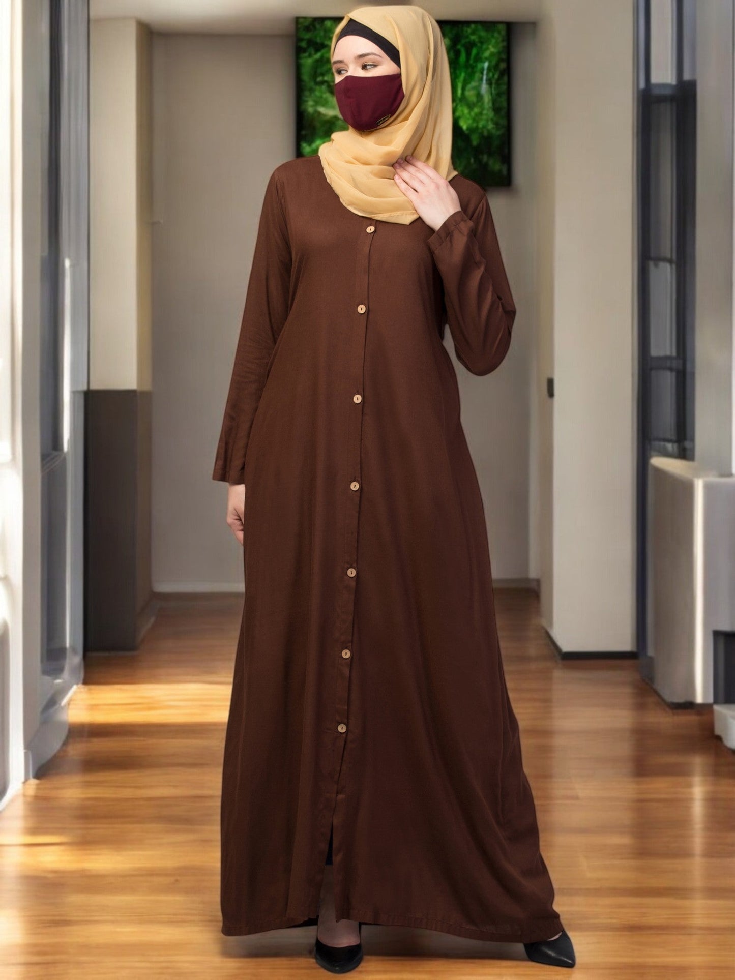 Elegant Front Open Abaya Dress with Wooden Button