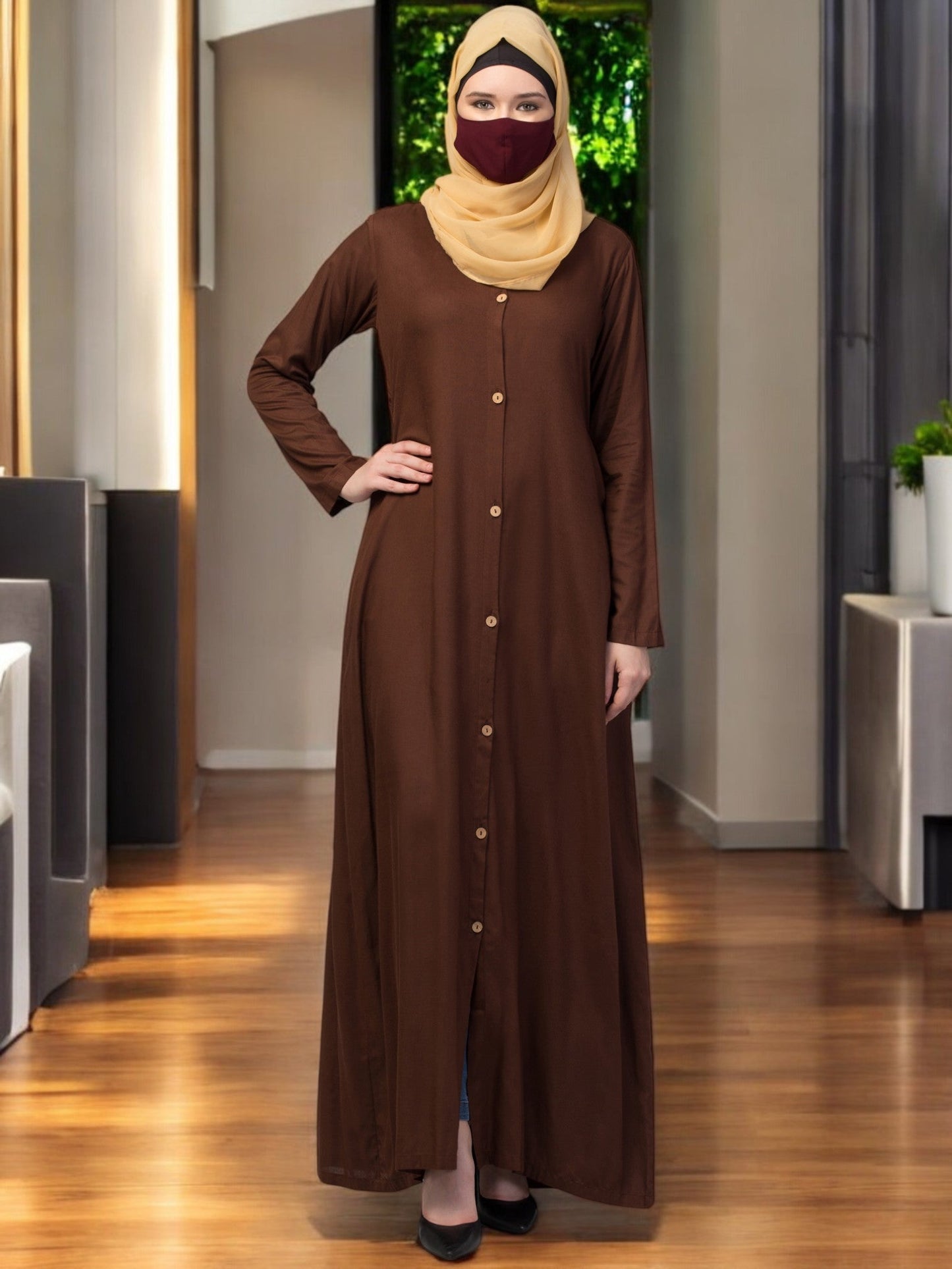 Elegant Front Open Abaya Dress with Wooden Button