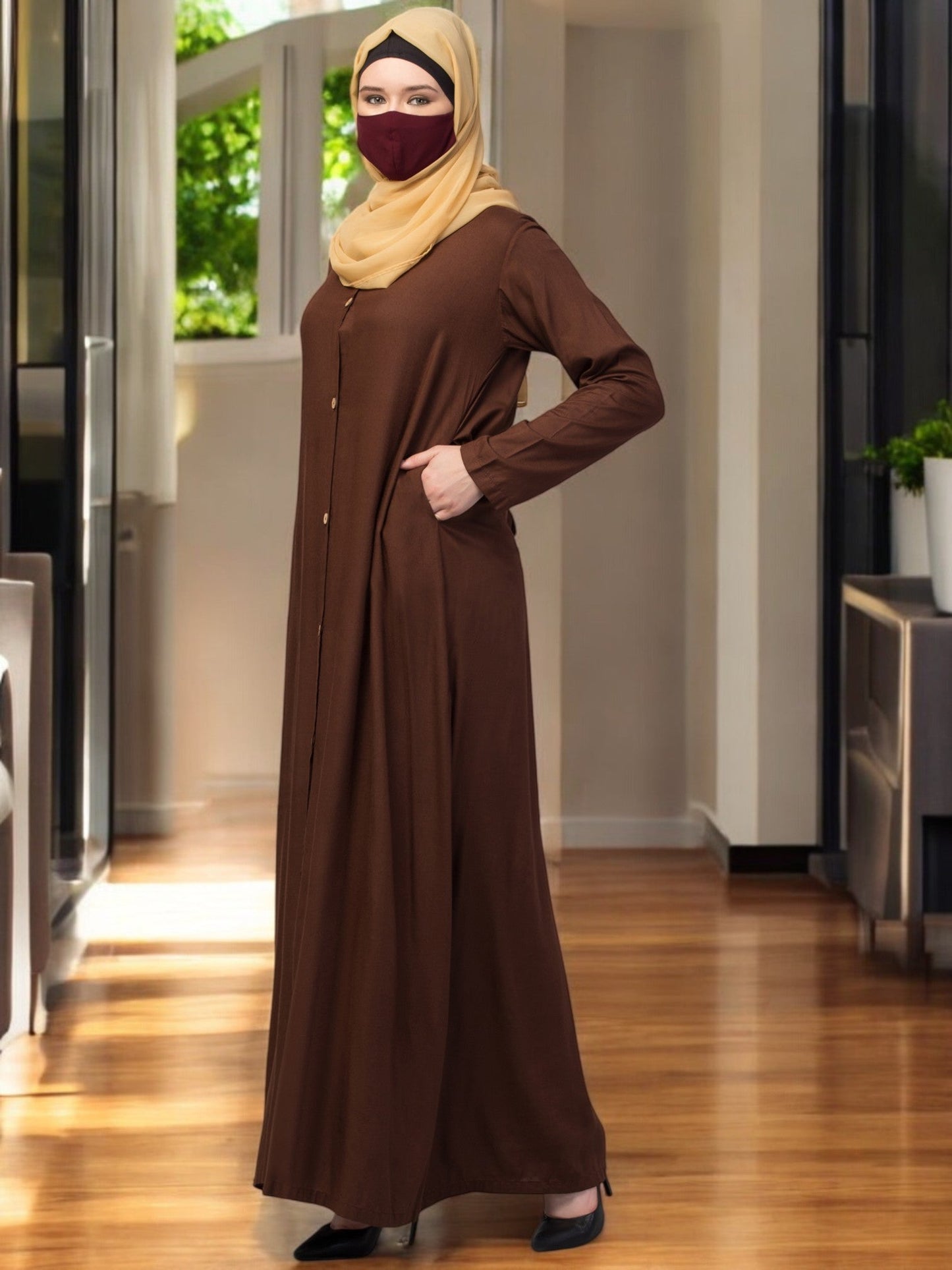 Elegant Front Open Abaya Dress with Wooden Button