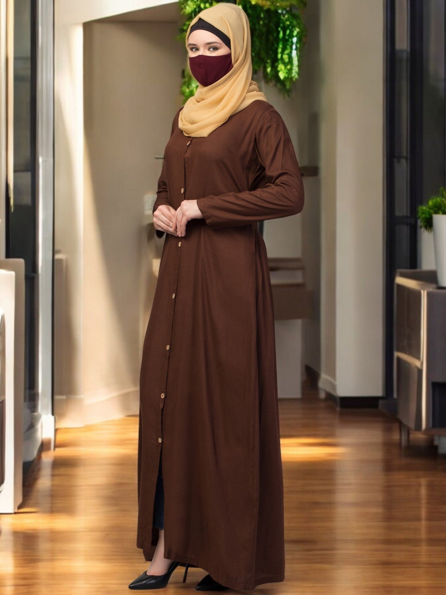 Elegant Front Open Abaya Dress with Wooden Button
