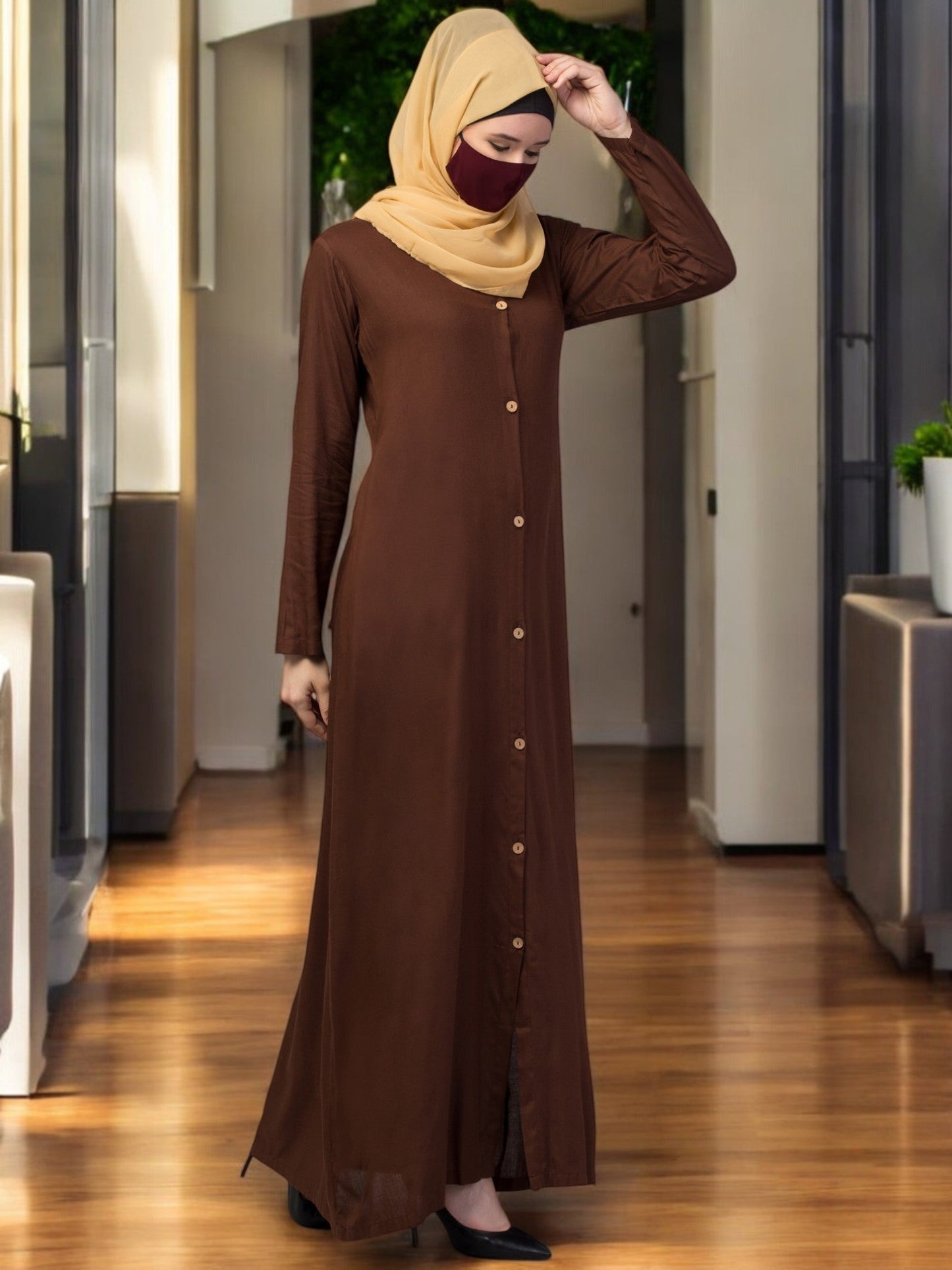 Elegant Front Open Abaya Dress with Wooden Button