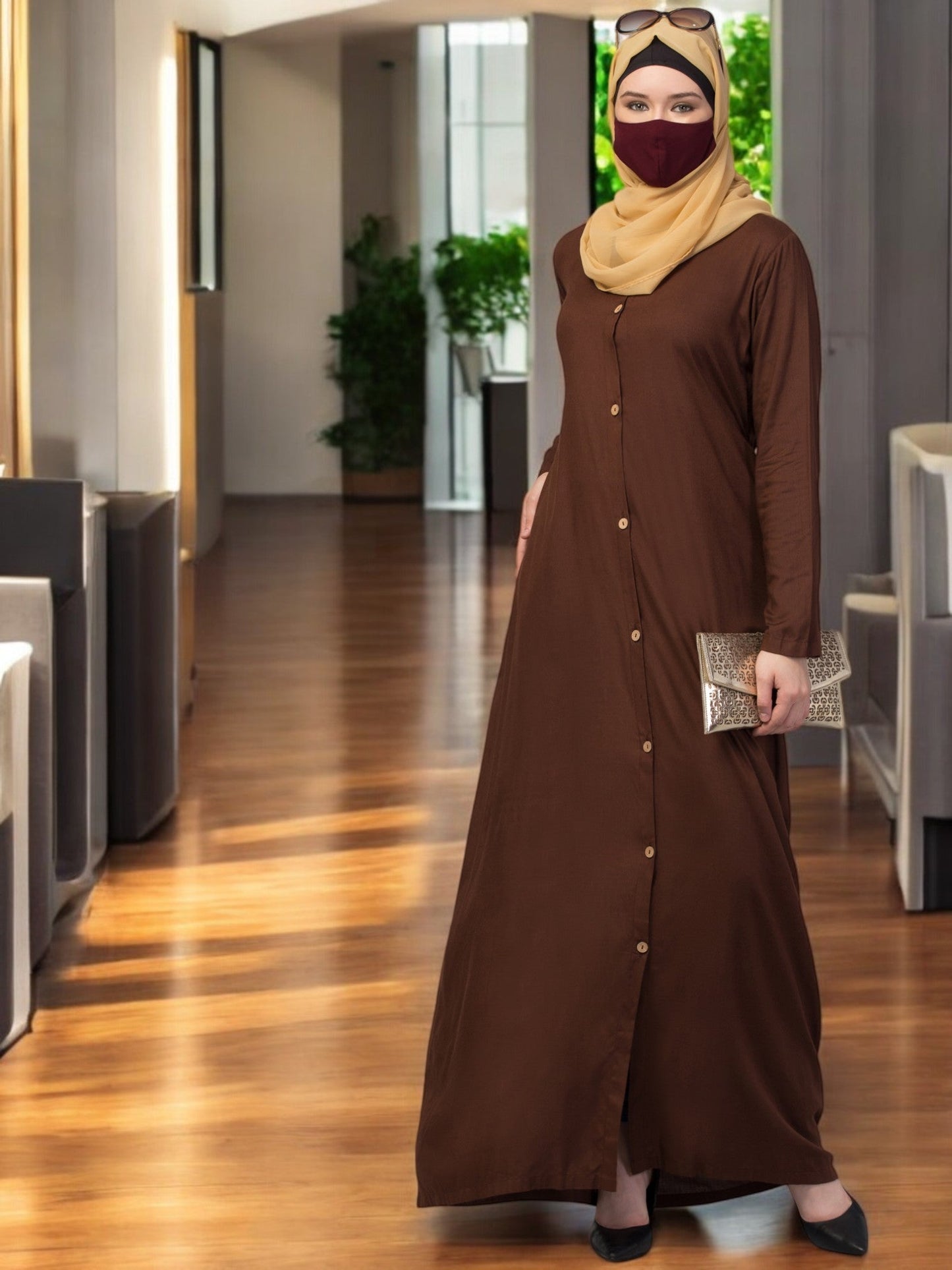 Elegant Front Open Abaya Dress with Wooden Button