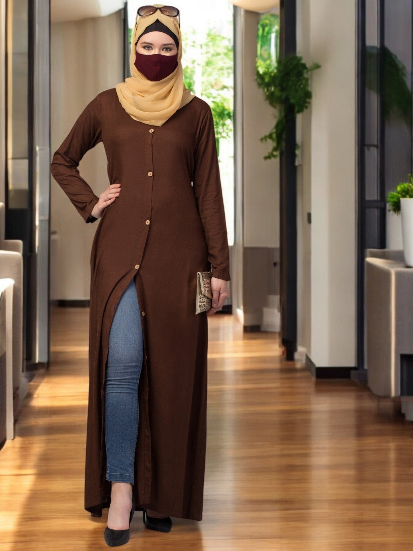 Elegant Front Open Abaya Dress with Wooden Button