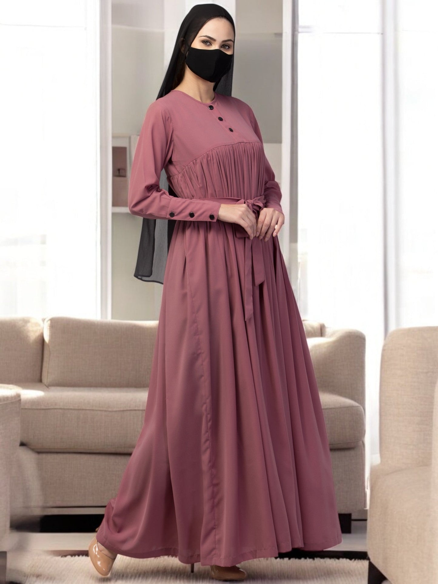 Abaya Dress with Buttons on Yoke and Sleeves-Falls loose From Chest.