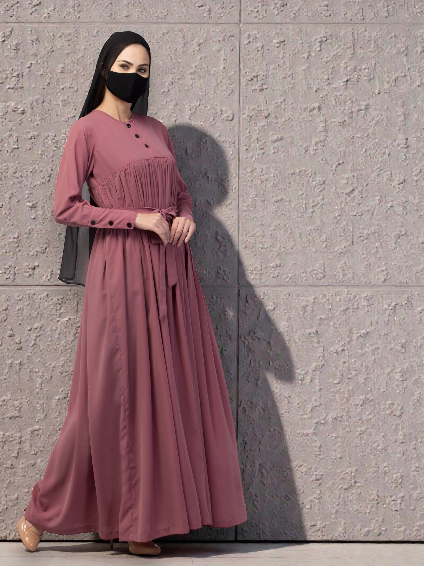 Maxi Dress with Buttons on Yoke and Sleeves-Falls loose From Chest.