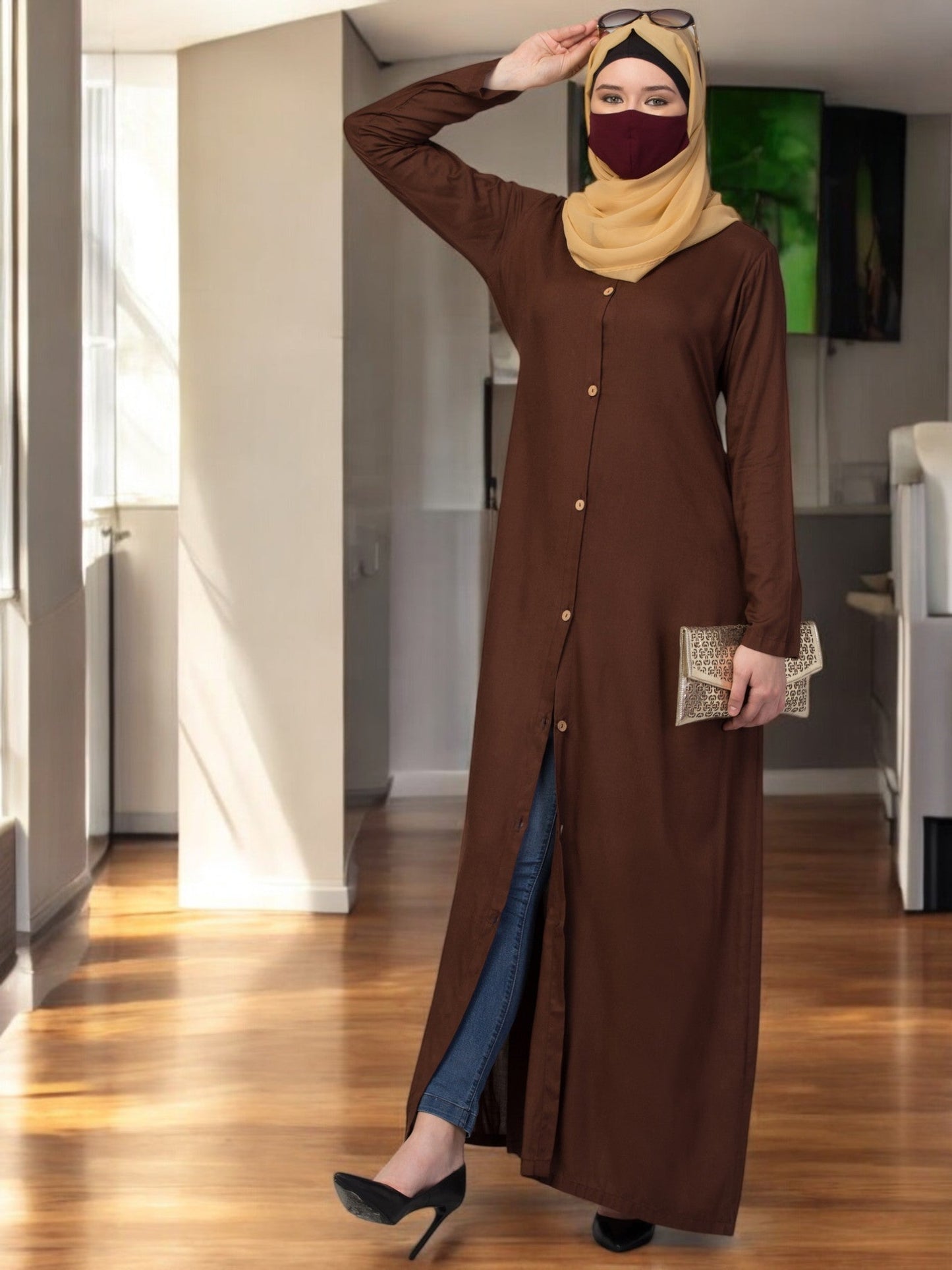 Elegant Front Open Abaya Dress with Wooden Button