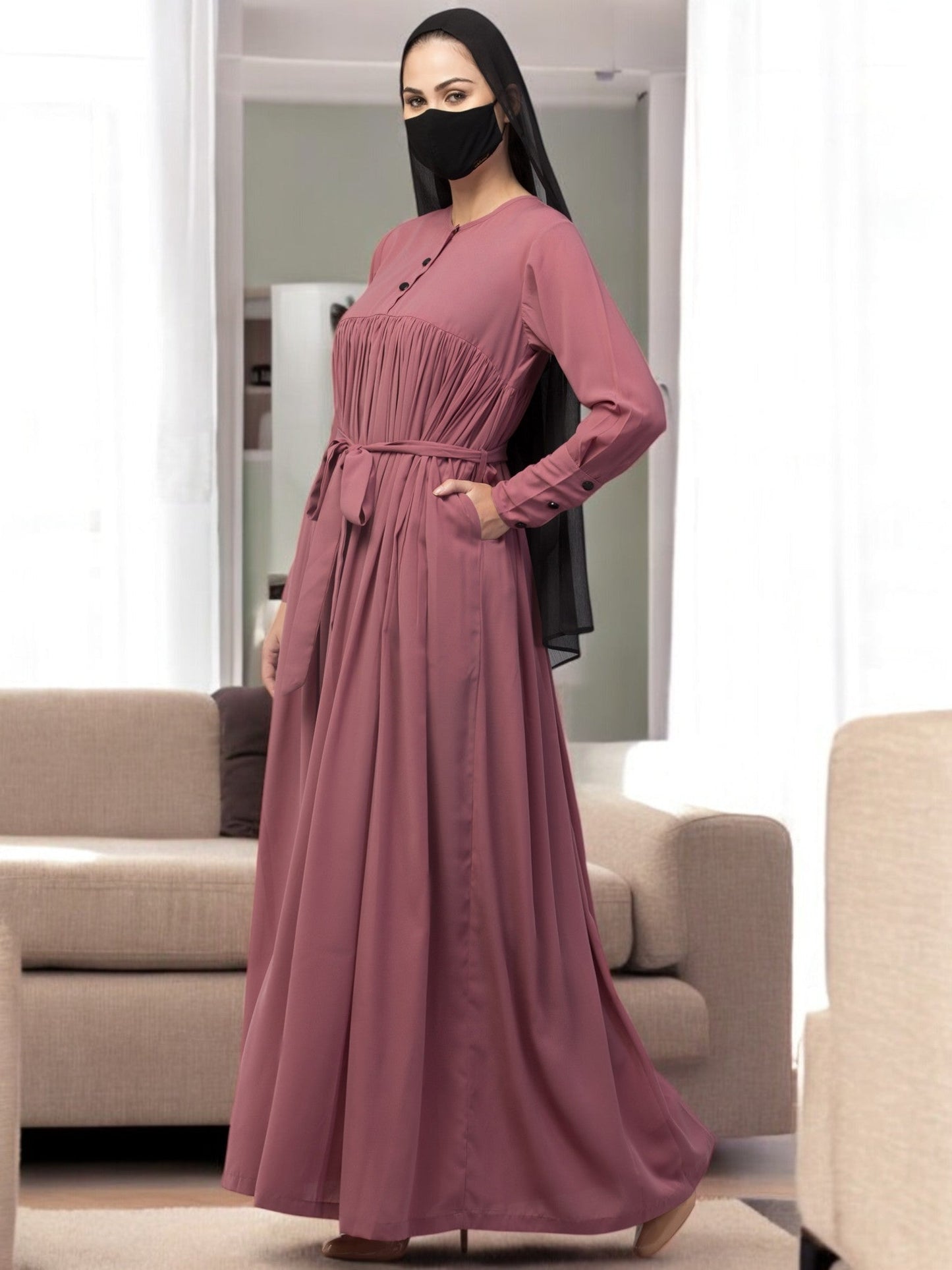 Abaya Dress with Buttons on Yoke and Sleeves-Falls loose From Chest.