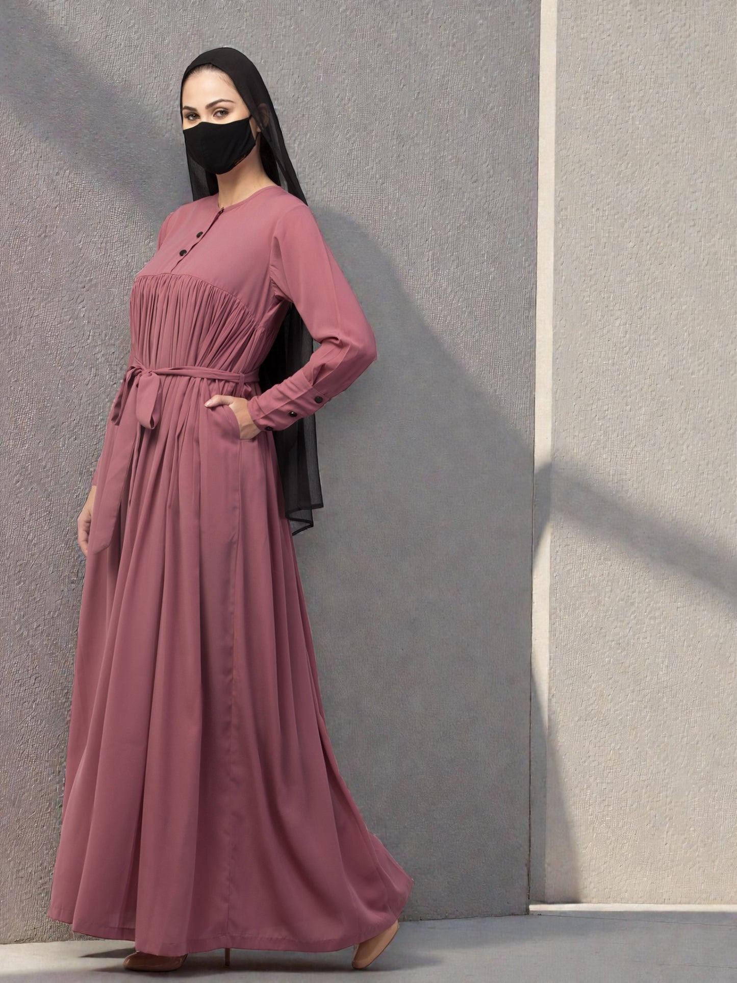 Maxi Dress with Buttons on Yoke and Sleeves-Falls loose From Chest.