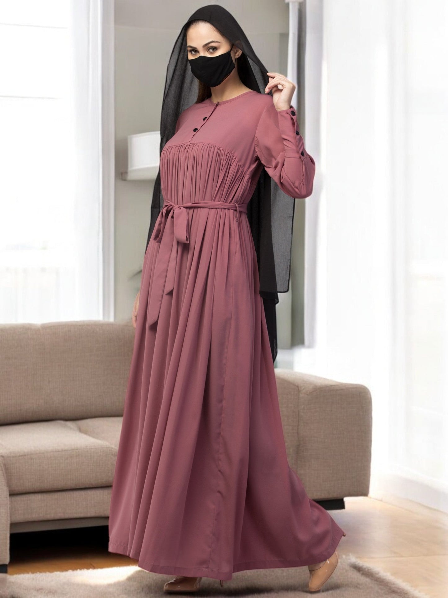 Abaya Dress with Buttons on Yoke and Sleeves-Falls loose From Chest.