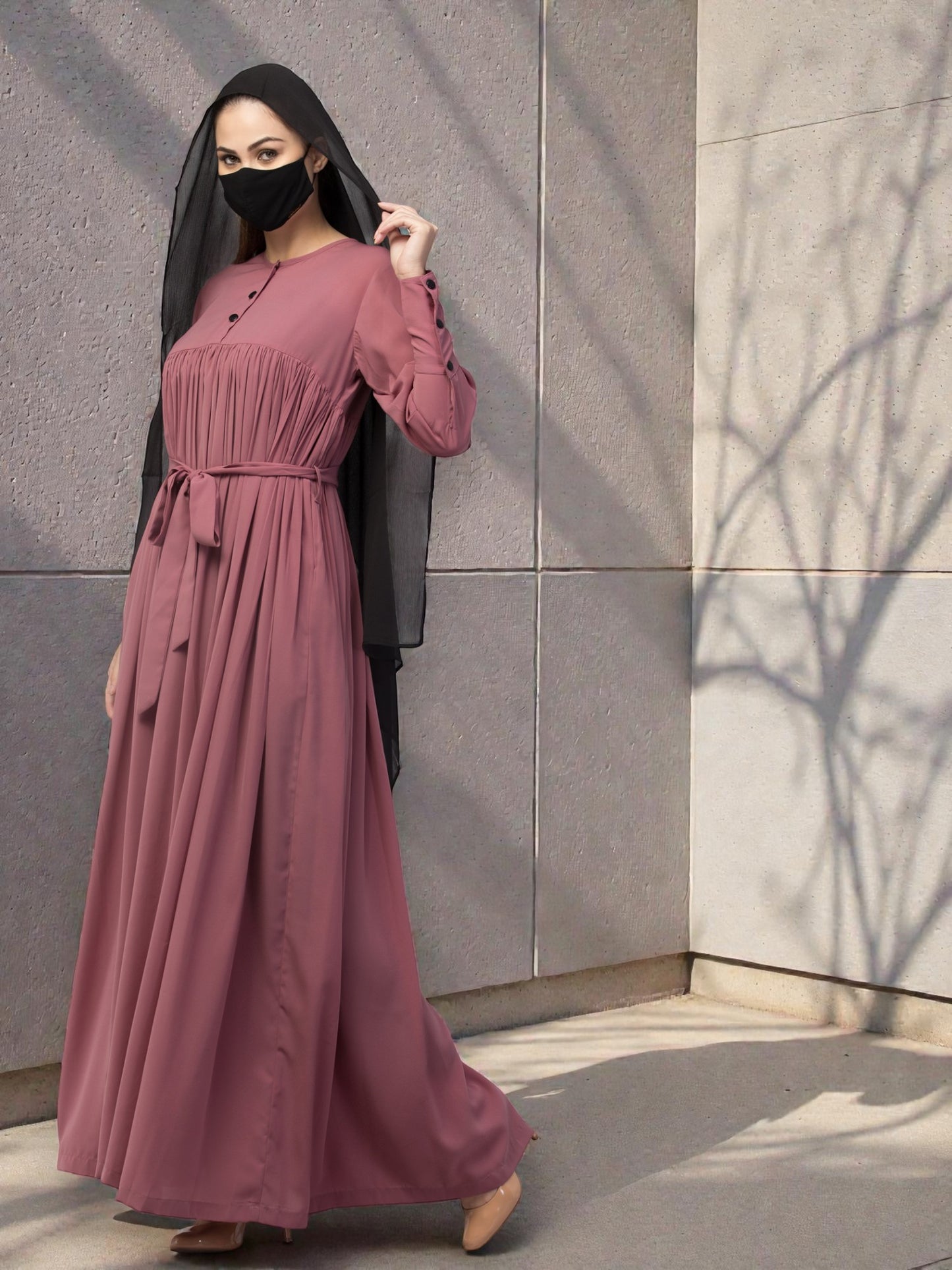 Maxi Dress with Buttons on Yoke and Sleeves-Falls loose From Chest.