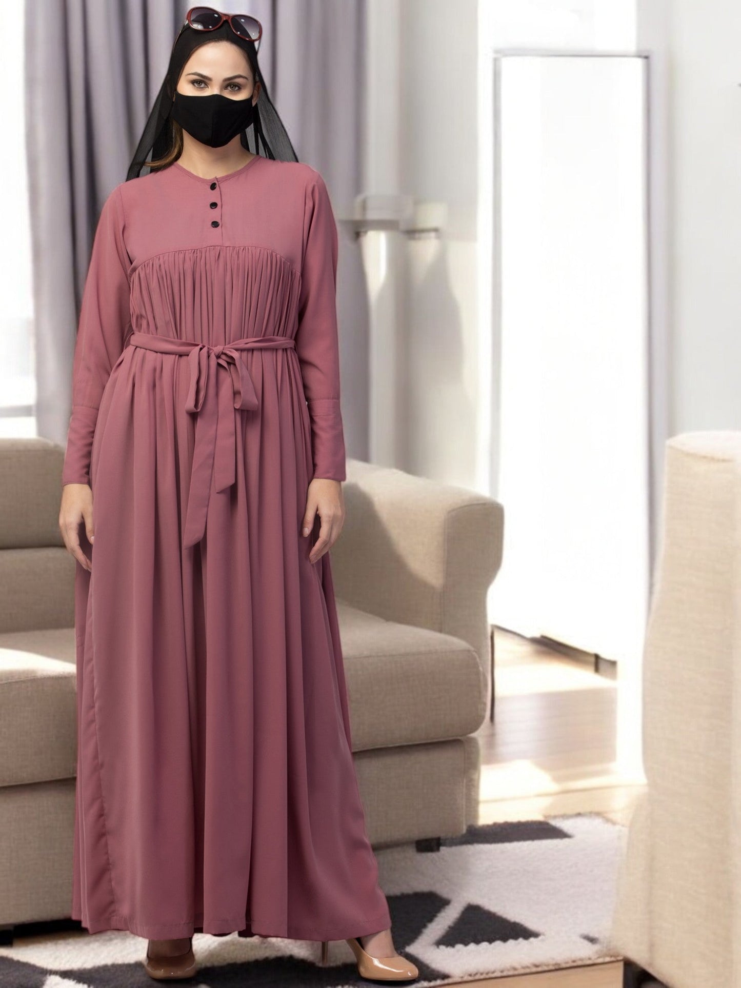 Abaya Dress with Buttons on Yoke and Sleeves-Falls loose From Chest.