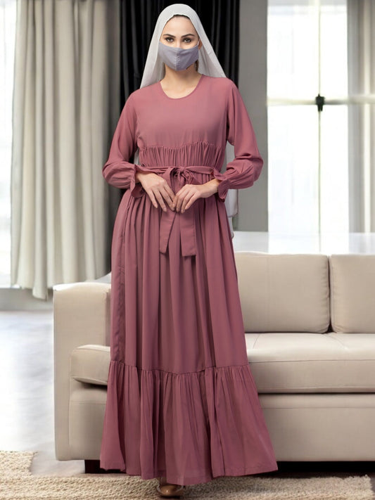 Multi Layered Abaya Dress With Belt & Elasticated Bell Sleeves