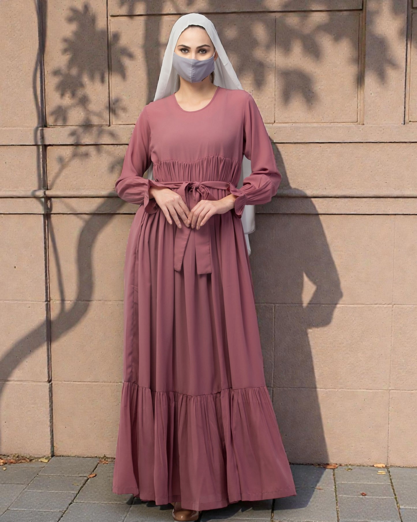 Multi Layered Maxi Dress With Belt & Elasticated Bell Sleeves