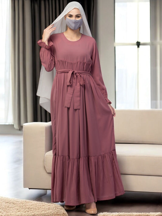 Multi Layered Abaya Dress With Belt & Elasticated Bell Sleeves