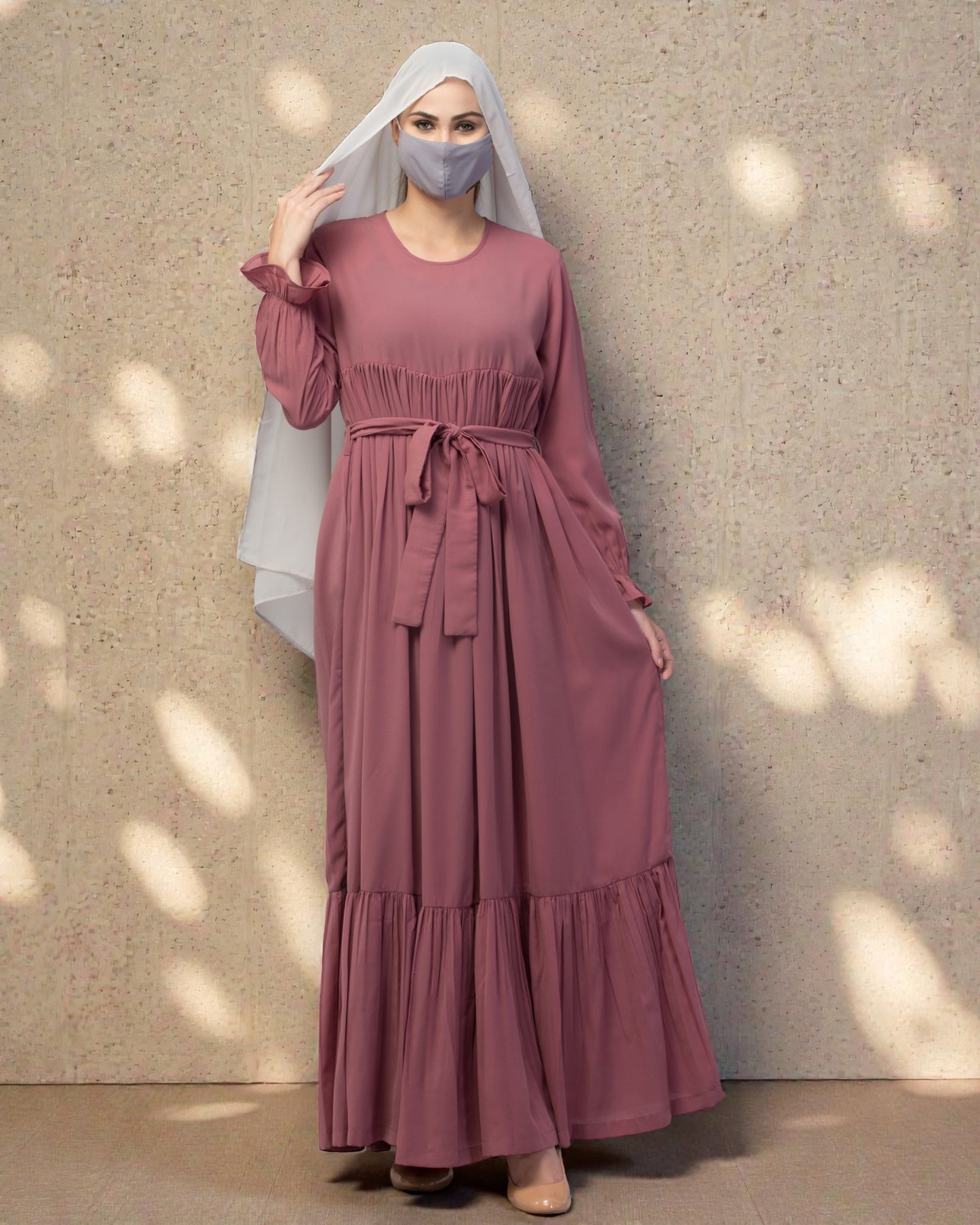 Multi Layered Maxi Dress With Belt & Elasticated Bell Sleeves