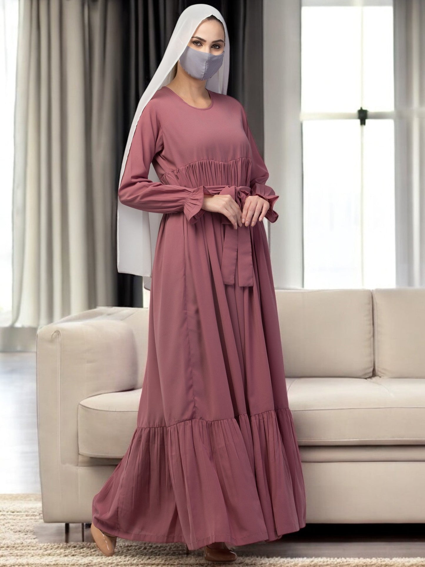 Multi Layered Abaya Dress With Belt & Elasticated Bell Sleeves