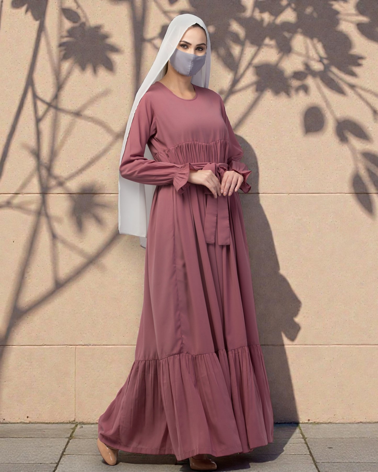 Multi Layered Maxi Dress With Belt & Elasticated Bell Sleeves