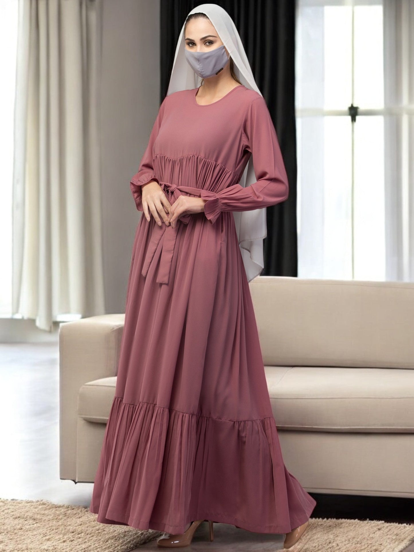 Multi Layered Abaya Dress With Belt & Elasticated Bell Sleeves