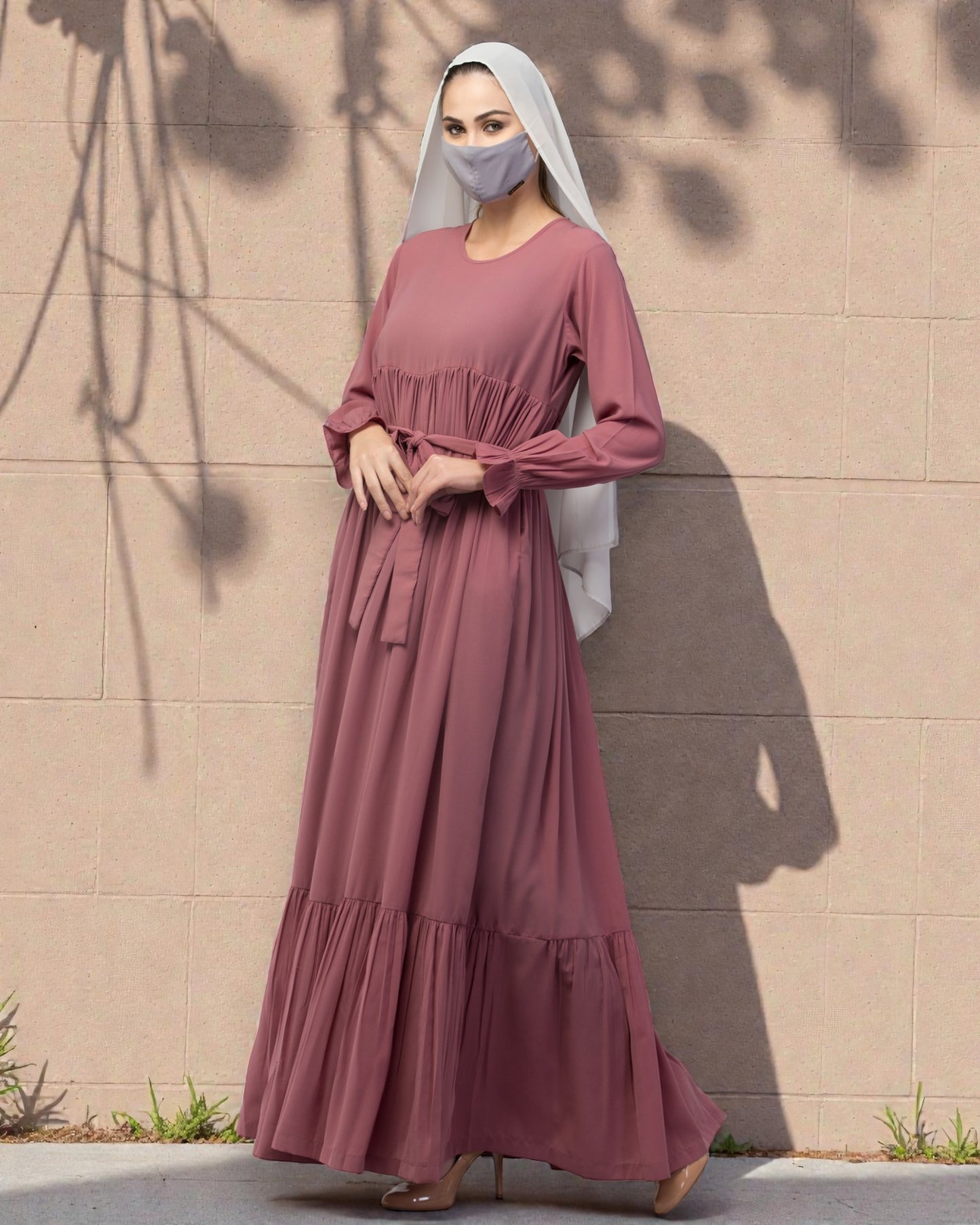 Multi Layered Maxi Dress With Belt & Elasticated Bell Sleeves