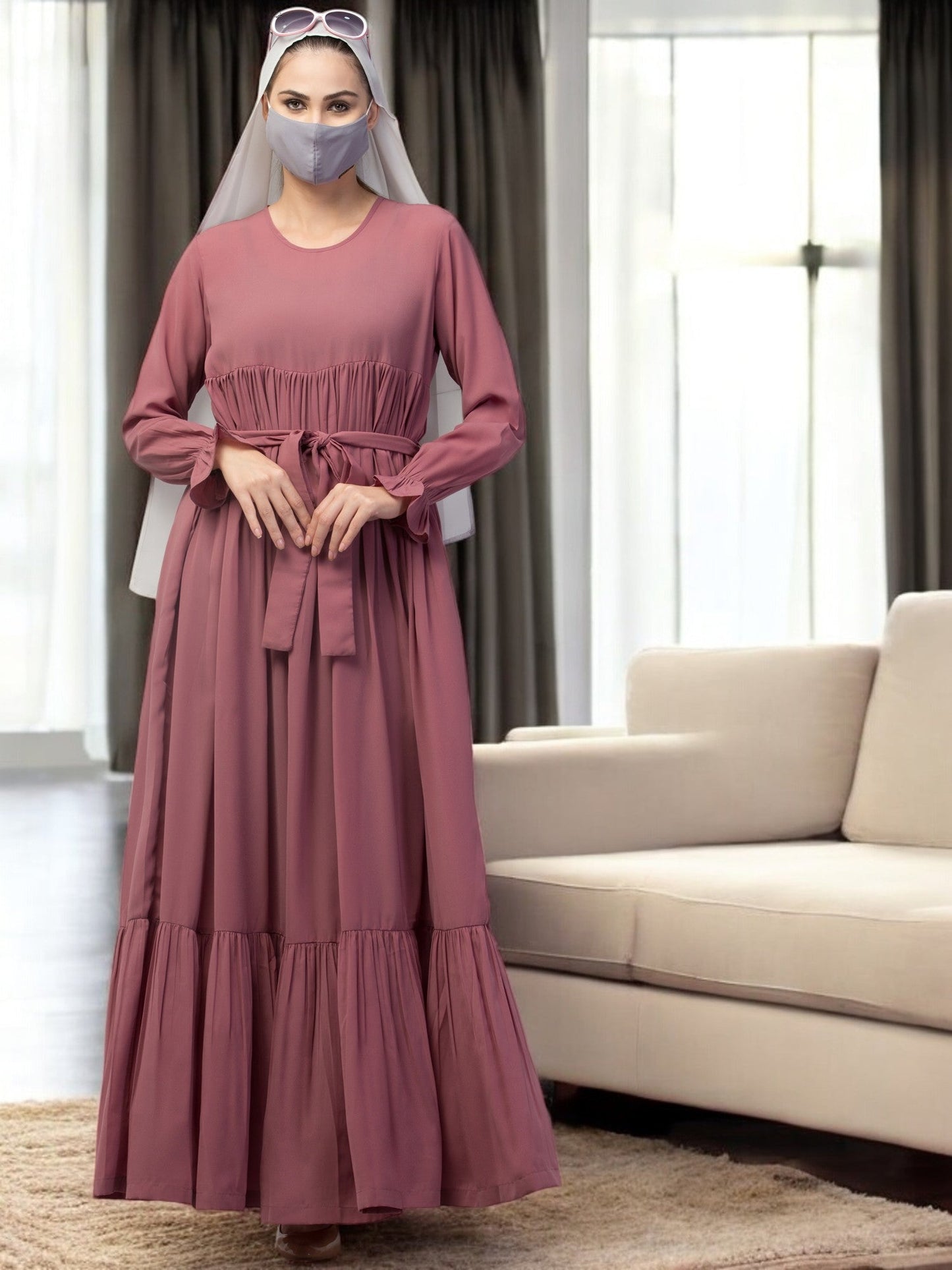 Multi Layered Abaya Dress With Belt & Elasticated Bell Sleeves